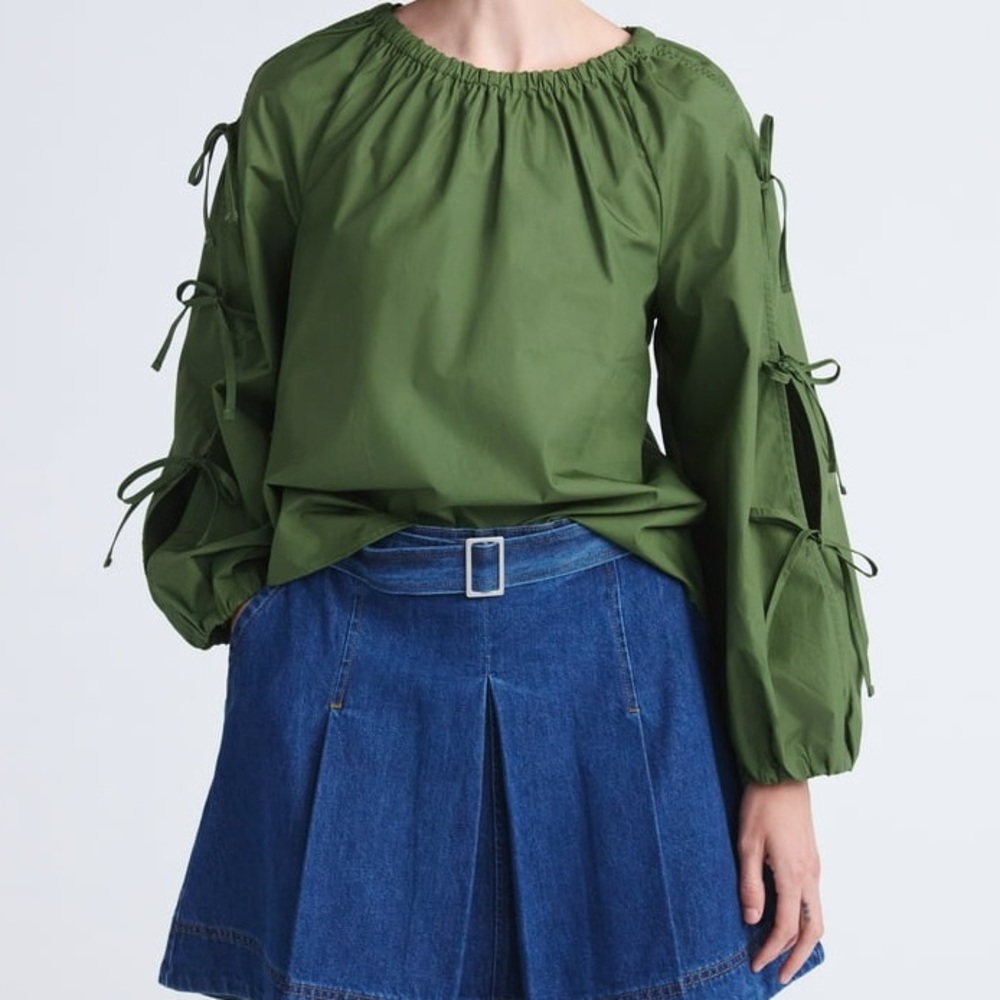 Olive Green Peasant Blouse with Tie Sleeve Detail, BY FREE ASSEMBLY SIZE S
